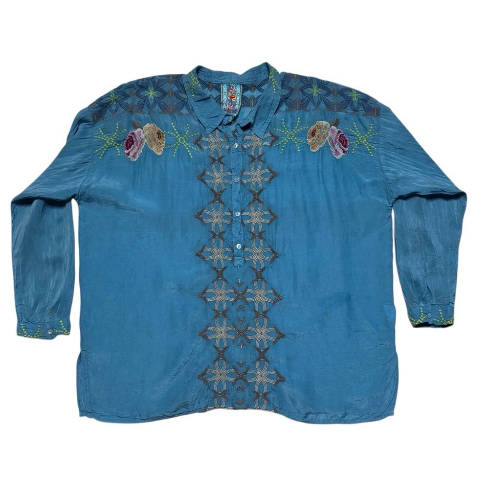 Johnny Was Embroidered Button Down Cupra Rayon Teal Top Size Small